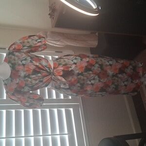 🧡❤️💙J.CREW Orange, Navy & White Floral Dress W/Tie Front & Puff Sleeves Sz 0